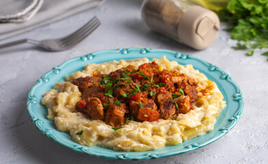 Turkish Food Hunkar Begendi made with Eggplant and Meat.