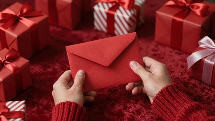 Hands holding red envelope with gift boxes