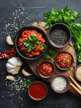 Kenyan ugali with millet porridge, vegetables, and meat served on a wooden board with fresh herbs and sauces