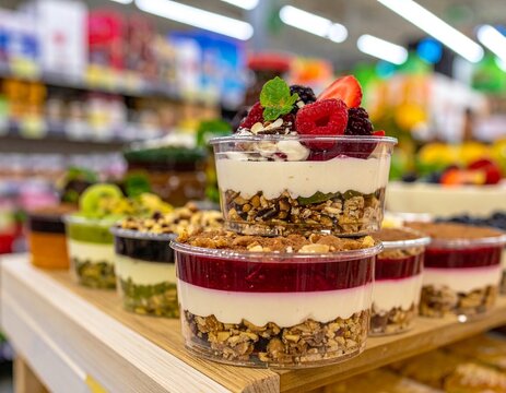 Delicious layered parfait cups with granola, yogurt, and fresh berries displayed in a store.