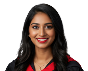 a young female graduate in cap and gown holding a purple diploma cover against studio background.