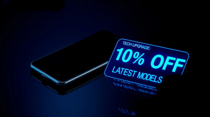 Futuristic tech upgrade concept with smartphone or smartwatch on dark reflective surface, glowing holographic discount tag showing 10 % off latest models, neon blue digital style