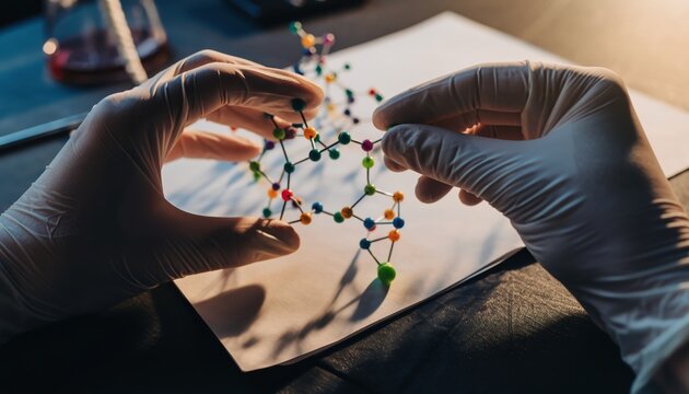 Scientist Hands in Protective Gloves Examining Molecular Structure Model During a Research Experiment in a Laboratory