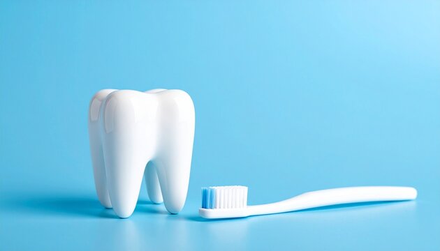 Dental Health Concept - A White Tooth and Toothbrush on a Blue Background.