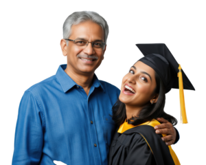 a proud father standing beside his daughter in graduation cap and gown as she holds her diploma against a plain grey background.