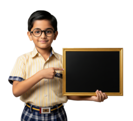 schoolboy holding a blank small blackboard against a white background, ready for your custom message.