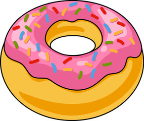Illustration of pink frosted donut with colorful sprinkles isolated white background. Sweet dessert food image for bakery menus, cafe branding, food packaging design, advertising and pastry concepts.