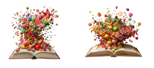 Colorful explosion of candies fruits and sweets bursting from open books a delightful and vibrant composition on transparent background