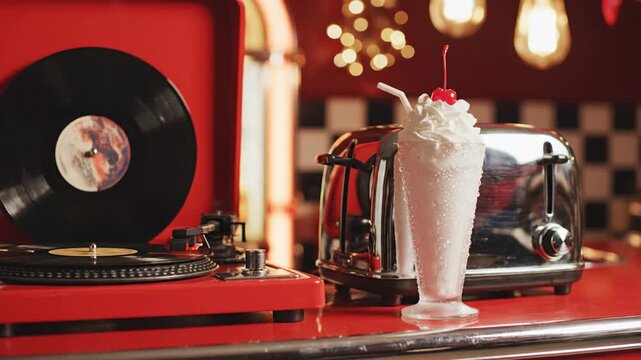 Vintage diner still life vinyl record milkshake chrome toaster red tabletop