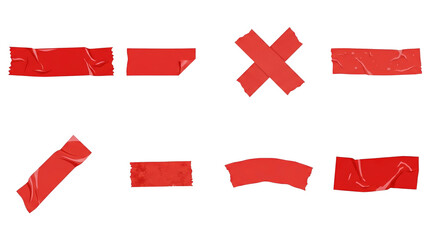 Red adhesive duct tape set including strips, cross, wrinkled, and peeling pieces isolated. Sticky tape and repair material collection.