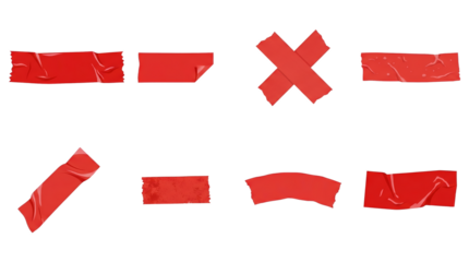 Red adhesive duct tape set including strips, cross, wrinkled, and peeling pieces isolated. Sticky tape and repair material collection.