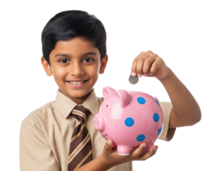 Smiling schoolboy in uniform holds a pink polka-dot piggy bank while dropping in a coin