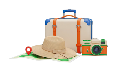 Travel Essentials: Suitcase, Hat, Camera, Map, and Pin