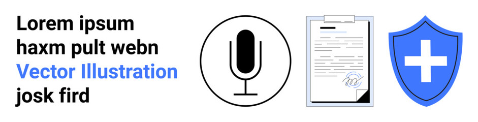 Fototapeta premium Communication, data security, healthcare, legal documentation, protection, technology. Microphone, signed document shield with medical cross. Communication and data security conceptual graphic