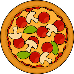 Illustration of pepperoni pizza with cheese, mushrooms and basil isolated white background. Italian fast food for restaurant menus, pizzeria branding, food blogs, packaging, posters and design