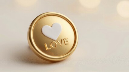 Golden button with heart and love text