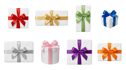 Gift box set including square, rectangular, and round shapes with multicolored satin ribbons isolated. Holiday present and celebration packaging collection.
