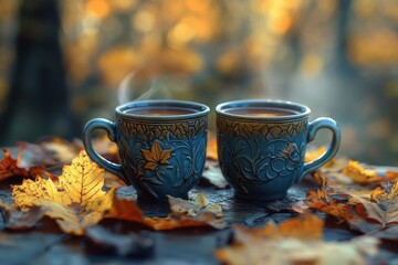Warm autumn mulled wine served in decorative cups surrounded by colorful leaves in a serene outdoor setting