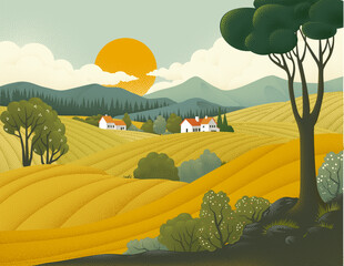 Fields rolling hills and mountains farm landscape background illustration with countryside mountains, sunrise sun, clouds and trees. Original rural background drawing in vintage pointillism dot style