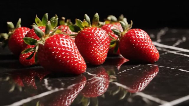 A cluster of ripe, red strawberries with glossy texture, arranged on a dark, reflective surface.
