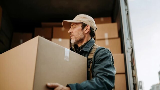 Courier in workwear carrying large cardboard boxes from delivery truck symbolizing logistics shipping online shopping and last mile service for ecommerce promotions warehouse businesses and 