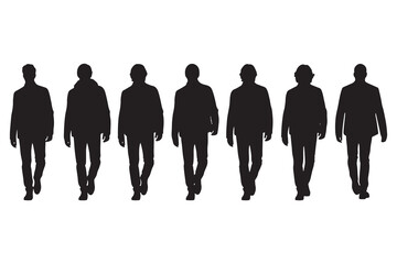 This high-contrast, graphic illustration displays a horizontal row of seven black silhouettes of men walking forward. Each figure is depicted in a different stage of a walking stride, wearing a jacket