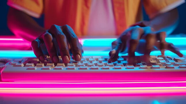 Close up of hands typing quickly on a glowing keyboard surrounded by neon reflections modern digital workspace shot perfect for coding tutorials fintech products startup promos gaming