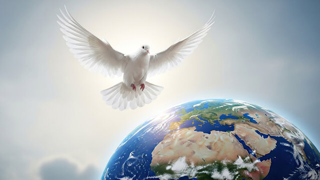 Dove flying above Earth with sunbeam in clear blue sky   - Powered by Adobe