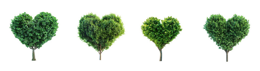 Fototapeta premium Four lush green heart shaped trees arranged in a row creating a beautiful botanical pattern on transparent background