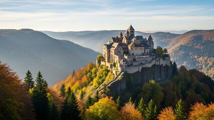 Medieval castle on mountain peak landscape.