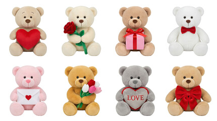 Teddy bear set including plush toys with heart, rose, gift, bow, letter, and flowers isolated. Valentine's Day and romantic gift collection.