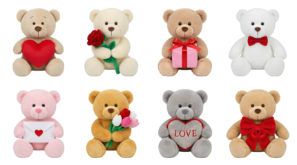 Teddy bear set including plush toys with heart, rose, gift, bow, letter, and flowers isolated. Valentine's Day and romantic gift collection.
