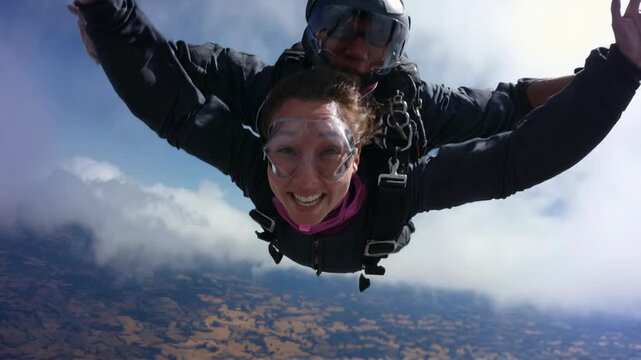 Adrenaline filled first person perspective of skydiver free falling above dramatic clouds with wide open sky offering thrilling sports footage for courage adventure freedom travel lifestyle.