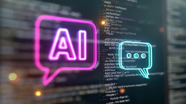 Neon ai chatbot interface with code background, 4k video