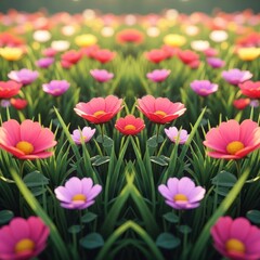 Fototapeta premium A vibrant field of blooming flowers with various colors, bathed in soft, natural light