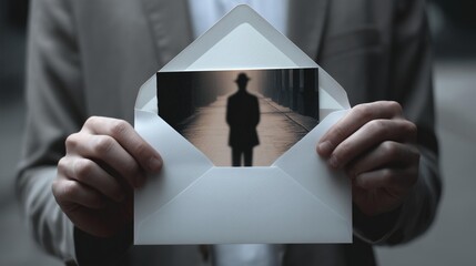 Person holding envelope with photograph of silhouette in a city setting