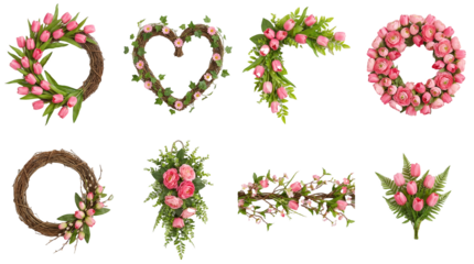 Spring floral arrangement set including tulip wreaths, heart frames, garlands, and bouquets. Romantic pink flower and greenery collection.