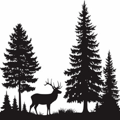 Majestic elk standing amidst tall evergreen trees in forest
