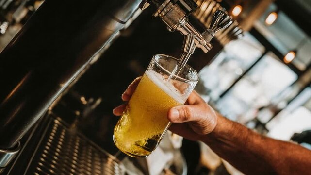 A bartender pouring a cool beer into a glass under warm ambient lights celebrating craftsmanship refreshing moments and the familiar inviting atmosphere of social gatherings centered around 