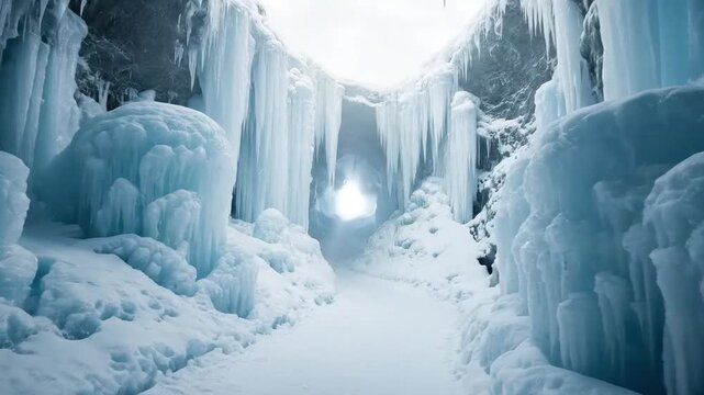 Ice cave formation with sunlight shining through the entrance