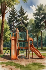 Cedar playground equipment in a park