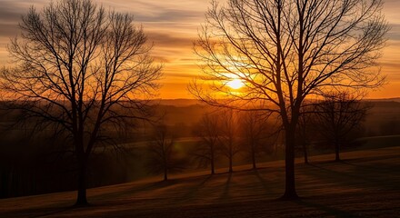 Obraz premium Sunset over trees silhouette peaceful landscape natural environment