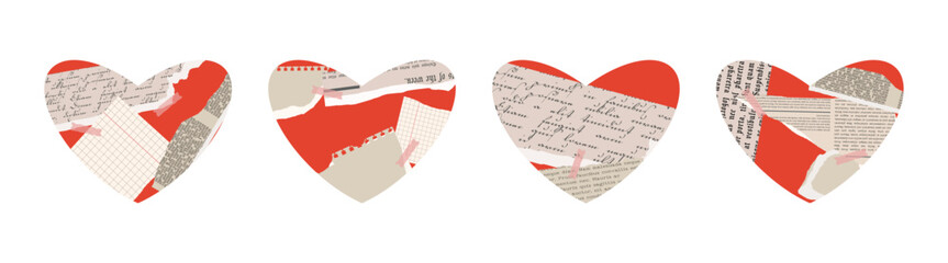 Collage valentine heart set with newspaper, ripped cutout. Valentine's day grunge elements, paper rip torn for scrapbook, wedding, stickers, love posters. Hand drawn vintage isolated vector illustrati