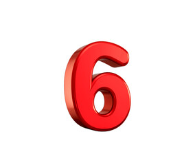 Glossy red number six with smooth geometry and metallic shine, 3d illustration