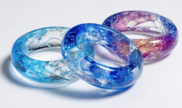 Abstract textured resin rings displaying blue and purple shades
