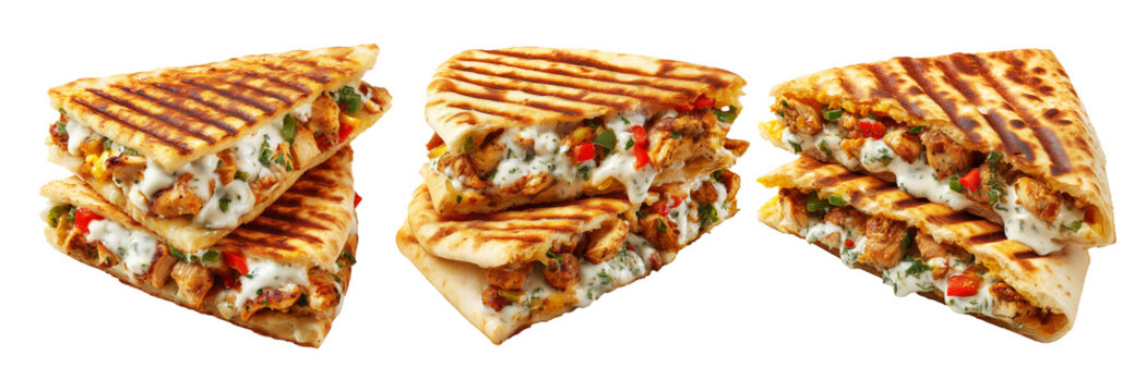 Grilled flatbread sandwich stuffed with seasoned chicken, bell peppers, and creamy herb sauce isolated on white background