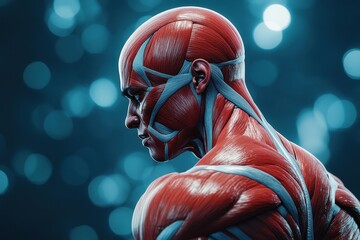 Realistic depiction of body muscles showing stiffness and pain in an Asian person focusing on muscular anatomy and tension