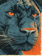 Stylized Panther Portrait Illustration with Blue and Orange Color Contrast
