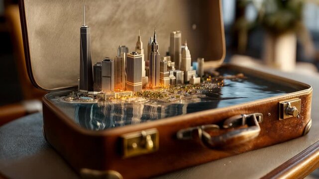 Miniature city model inside suitcase concept captured with cinematic atmosphere immersive detail and engaging mood creating a compelling visual narrative perfect for marketing creative campa