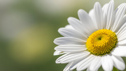 Fototapeta premium Close-up of a White Daisy Flower with Yellow Center, Soft Green Bokeh Background, Spring Blossom